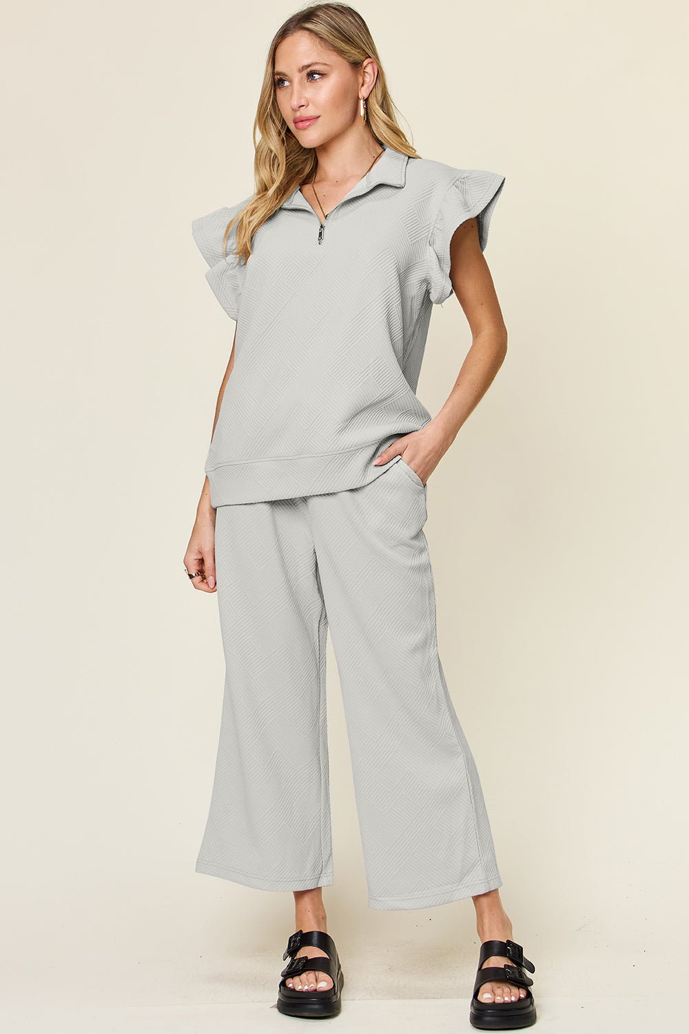 Double Take Texture Ruffle Short Sleeve Top and Drawstring Wide Leg Pants Set - Jaazi Intl