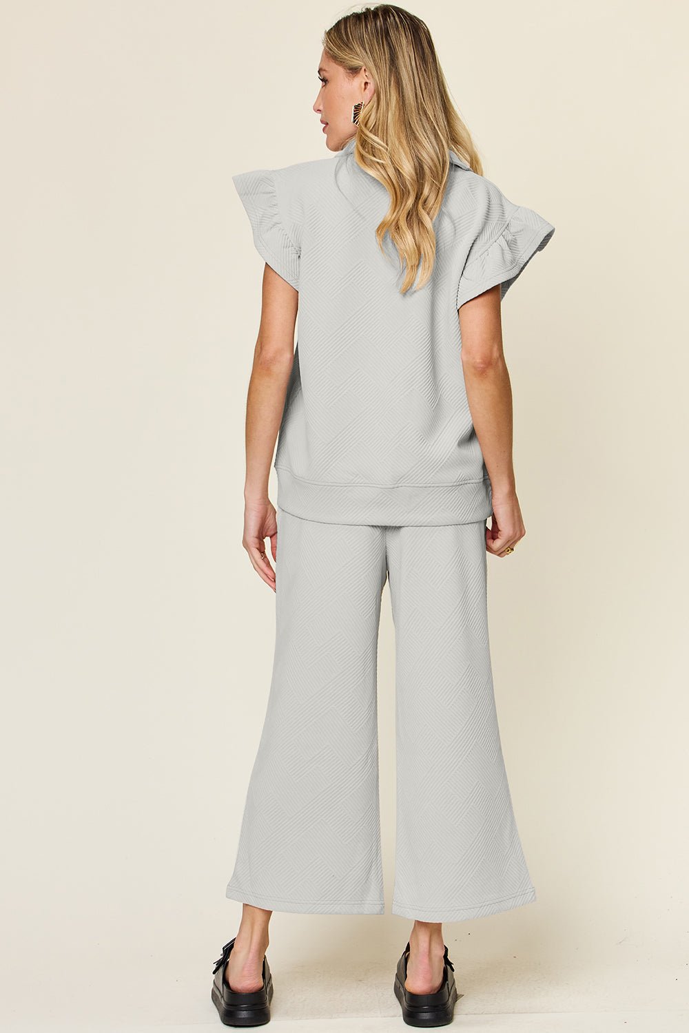 Double Take Texture Ruffle Short Sleeve Top and Drawstring Wide Leg Pants Set - Jaazi Intl