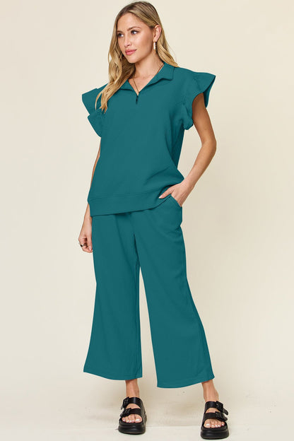 Double Take Texture Ruffle Short Sleeve Top and Drawstring Wide Leg Pants Set - Jaazi Intl