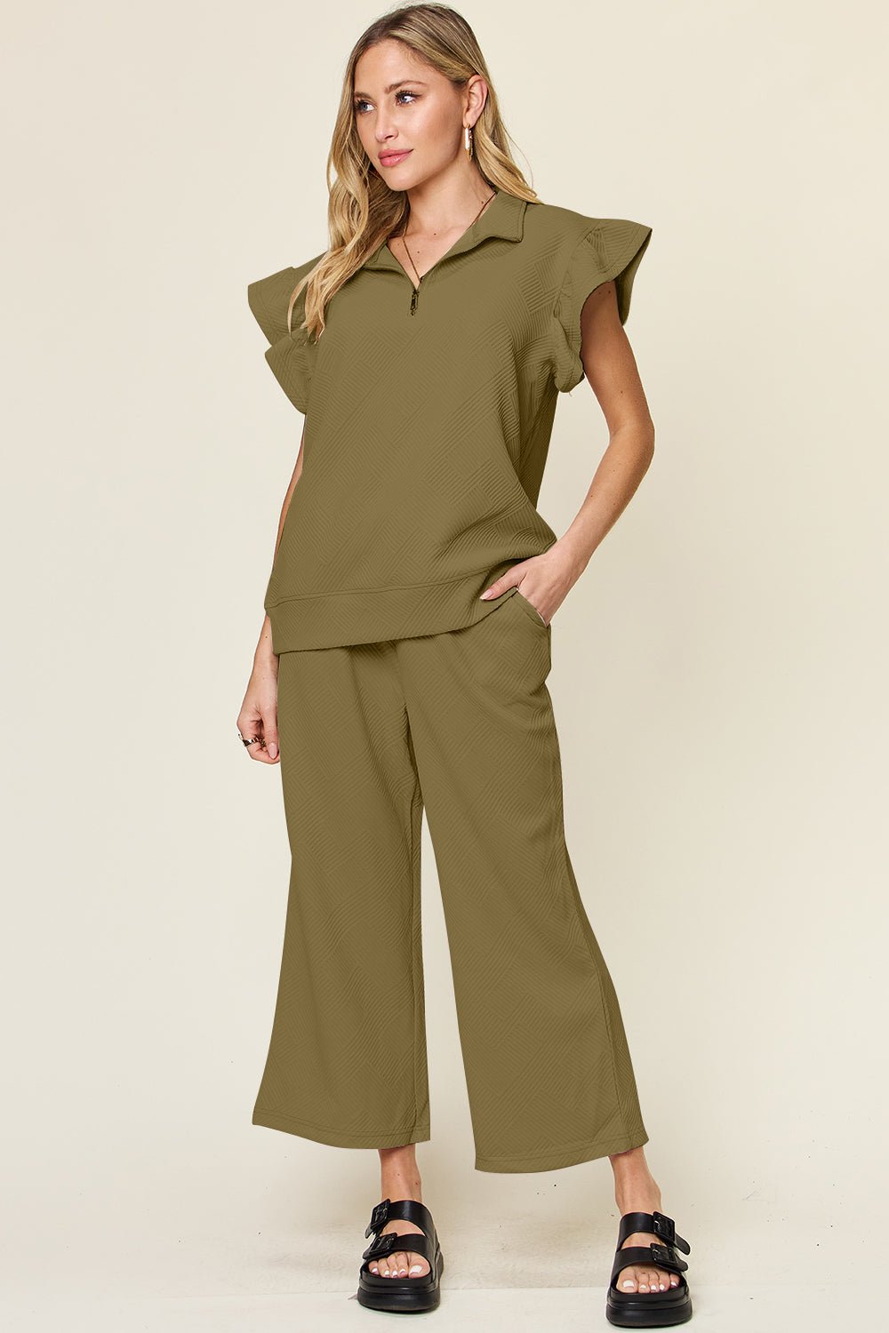 Double Take Texture Ruffle Short Sleeve Top and Drawstring Wide Leg Pants Set - Jaazi Intl