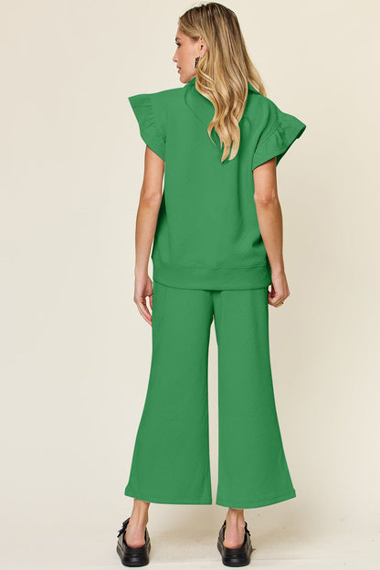 Double Take Texture Ruffle Short Sleeve Top and Drawstring Wide Leg Pants Set - Jaazi Intl