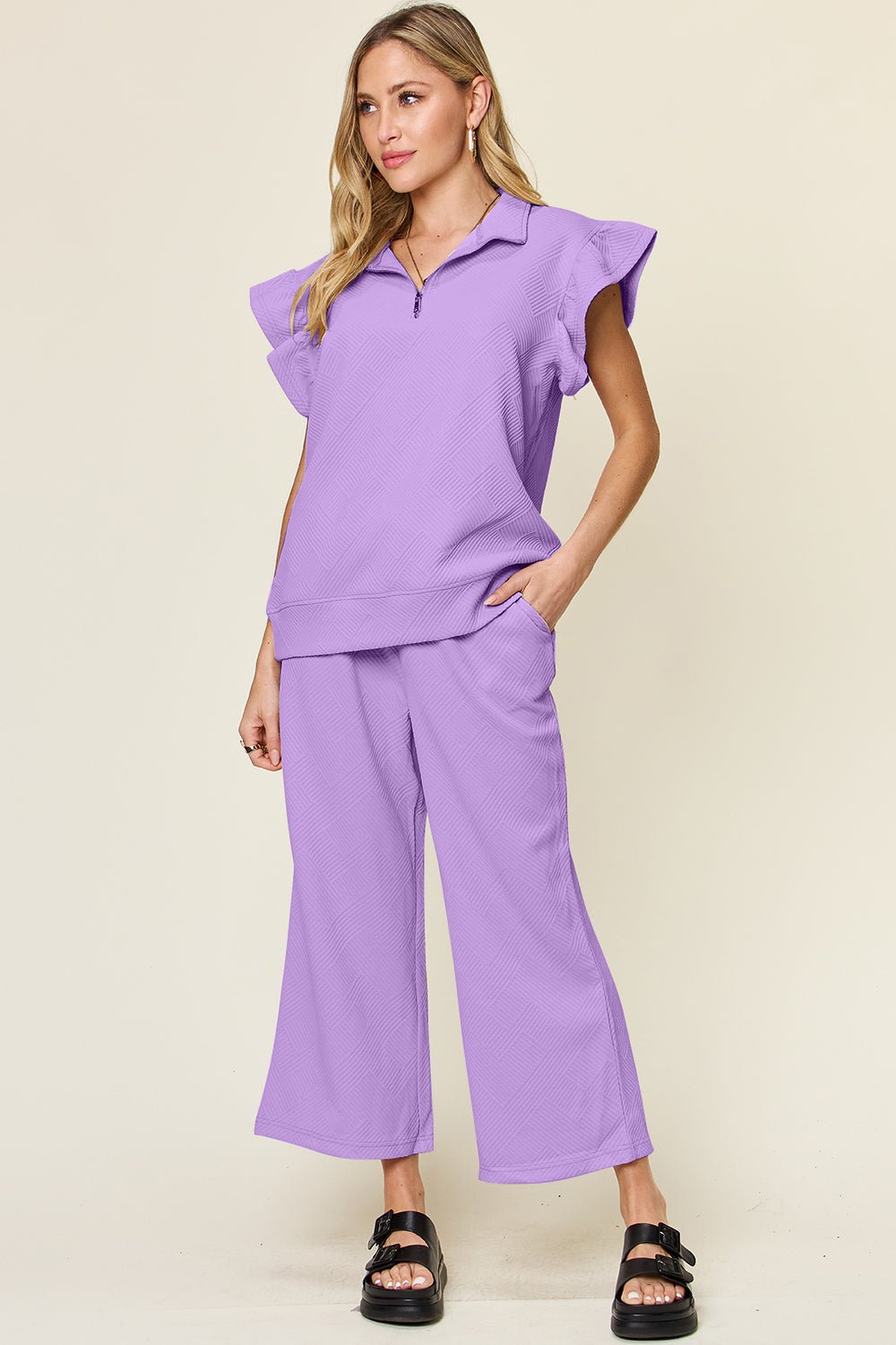 Double Take Texture Ruffle Short Sleeve Top and Drawstring Wide Leg Pants Set - Jaazi Intl