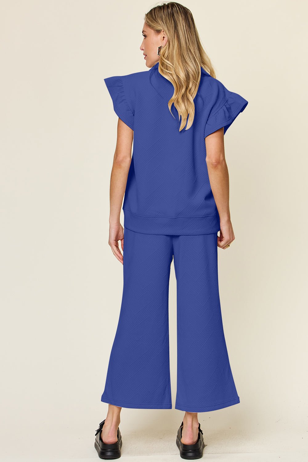 Double Take Texture Ruffle Short Sleeve Top and Drawstring Wide Leg Pants Set - Jaazi Intl