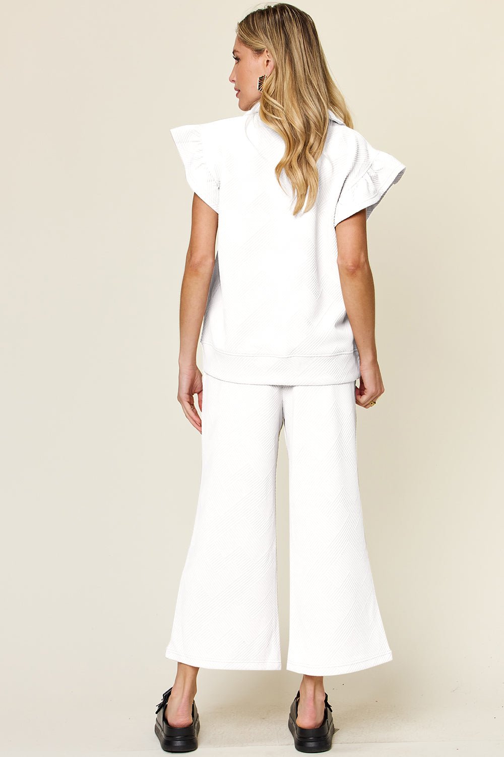 Double Take Texture Ruffle Short Sleeve Top and Drawstring Wide Leg Pants Set - Jaazi Intl