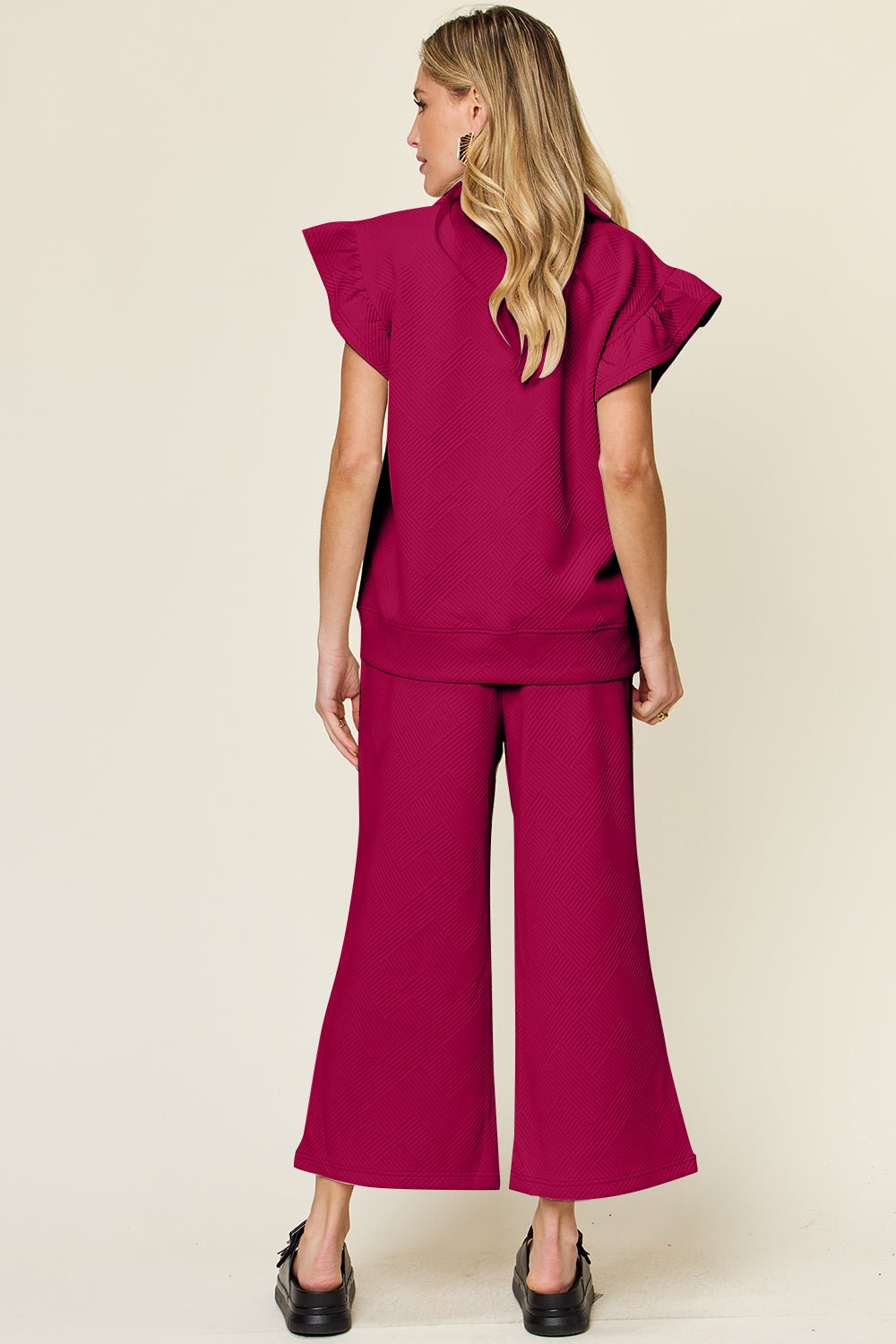 Double Take Texture Ruffle Short Sleeve Top and Drawstring Wide Leg Pants Set - Jaazi Intl