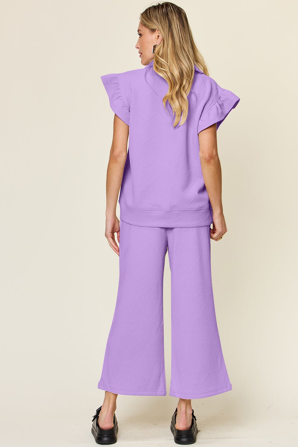 Double Take Texture Ruffle Short Sleeve Top and Drawstring Wide Leg Pants Set - Jaazi Intl