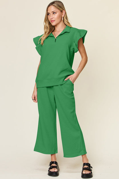 Double Take Texture Ruffle Short Sleeve Top and Drawstring Wide Leg Pants Set - Jaazi Intl