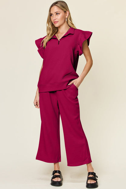 Double Take Texture Ruffle Short Sleeve Top and Drawstring Wide Leg Pants Set - Jaazi Intl