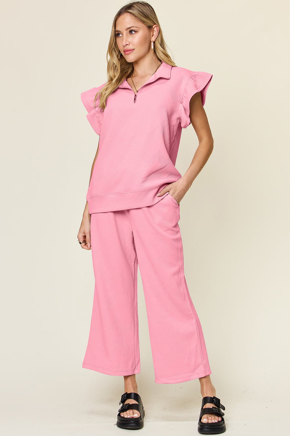 Double Take Texture Ruffle Short Sleeve Top and Drawstring Wide Leg Pants Set - Jaazi Intl