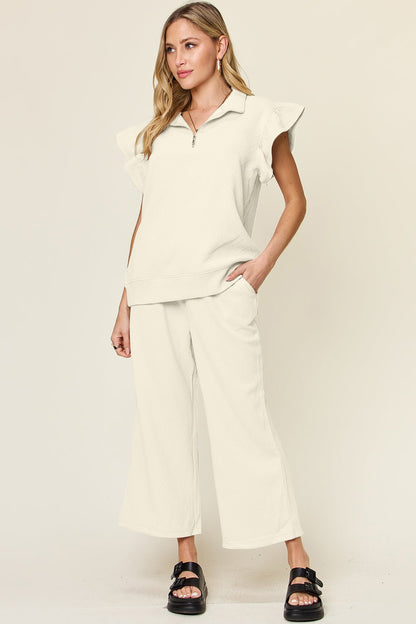 Double Take Texture Ruffle Short Sleeve Top and Drawstring Wide Leg Pants Set - Jaazi Intl