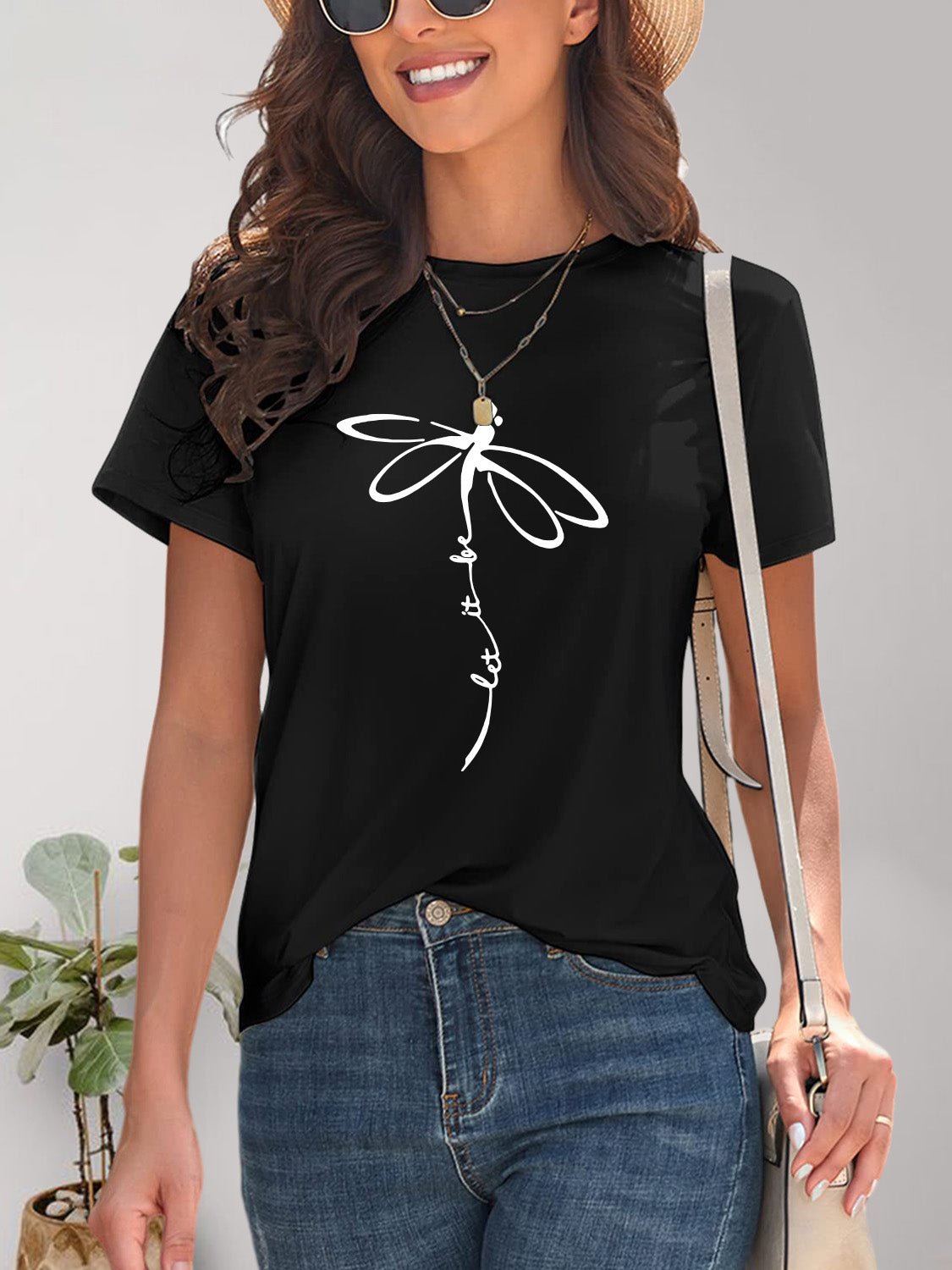 Dragonfly Graphic Round Neck Short Sleeve T - Shirt - Jaazi Intl