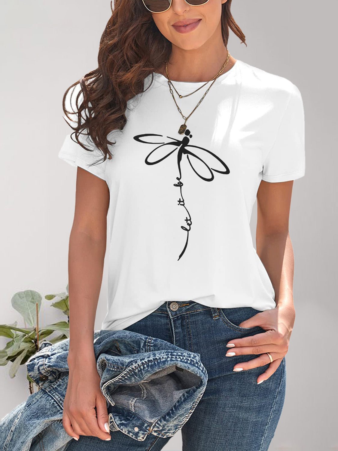 Dragonfly Graphic Round Neck Short Sleeve T - Shirt - Jaazi Intl