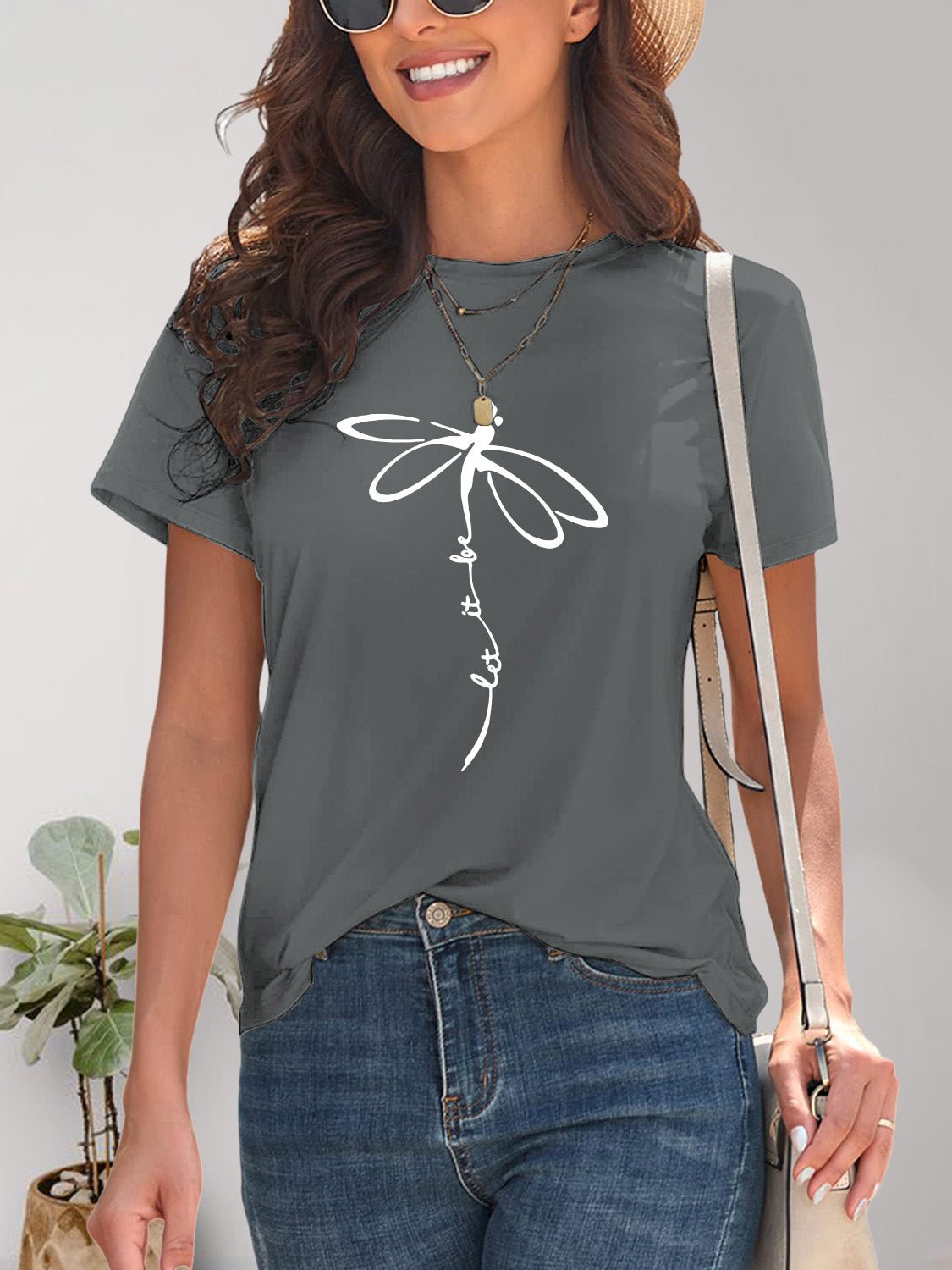 Dragonfly Graphic Round Neck Short Sleeve T - Shirt - Jaazi Intl