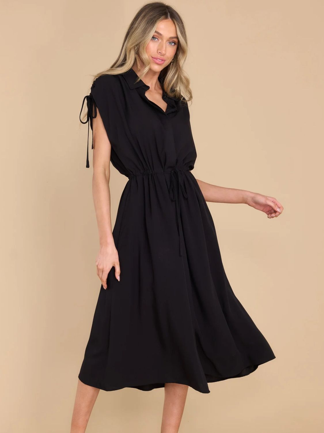 Drawstring Collared Neck Short Sleeve Midi Dress - Jaazi International