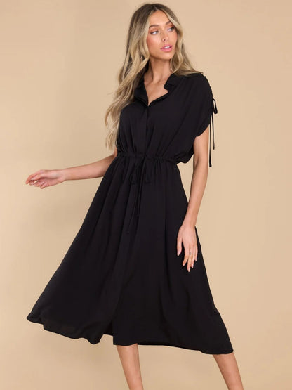 Drawstring Collared Neck Short Sleeve Midi Dress - Jaazi International