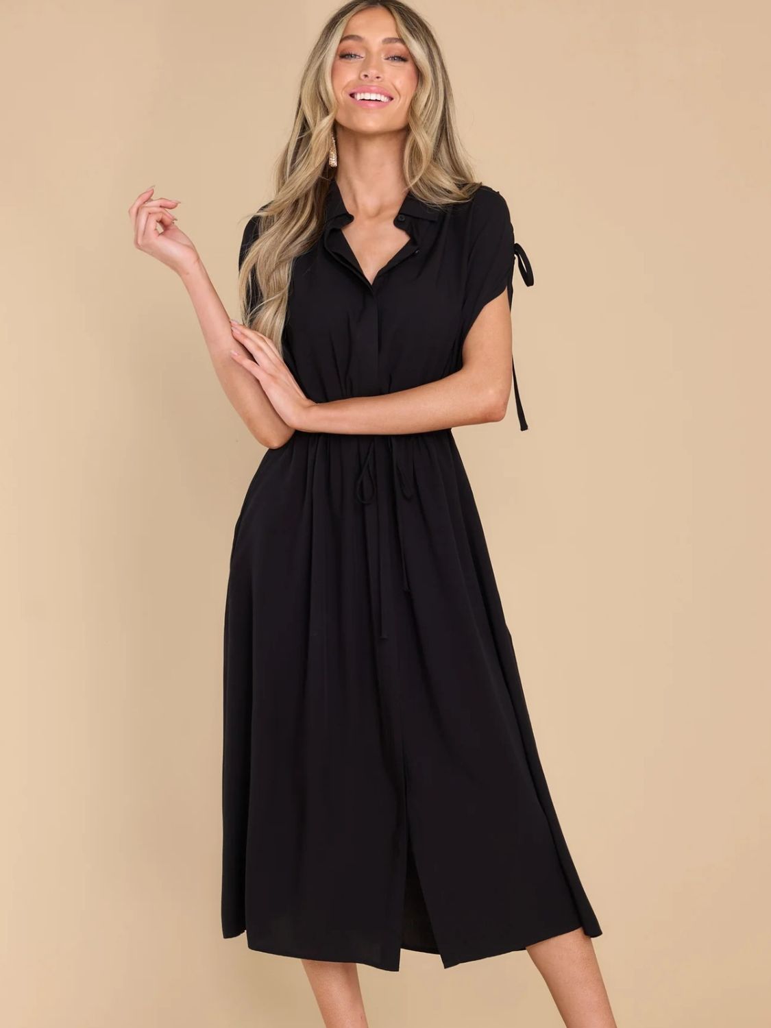 Drawstring Collared Neck Short Sleeve Midi Dress - Jaazi International