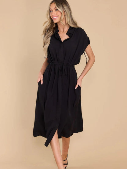 Drawstring Collared Neck Short Sleeve Midi Dress - Jaazi International