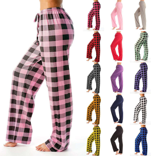 Drawstring Plaid Print Trousers Casual Loose Sports Home Pants Women - Jaazi Intl