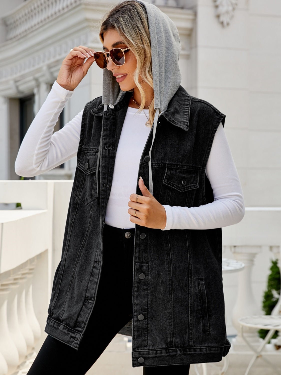 Drawstring Pocketed Button Up Sleeveless Denim Jacket - Jaazi Intl