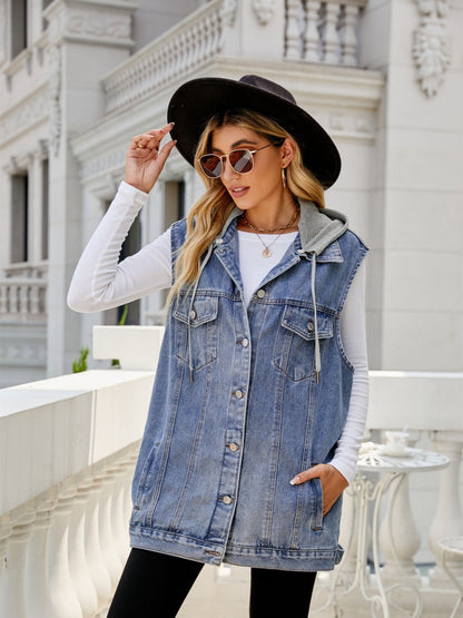 Drawstring Pocketed Button Up Sleeveless Denim Jacket - Jaazi Intl