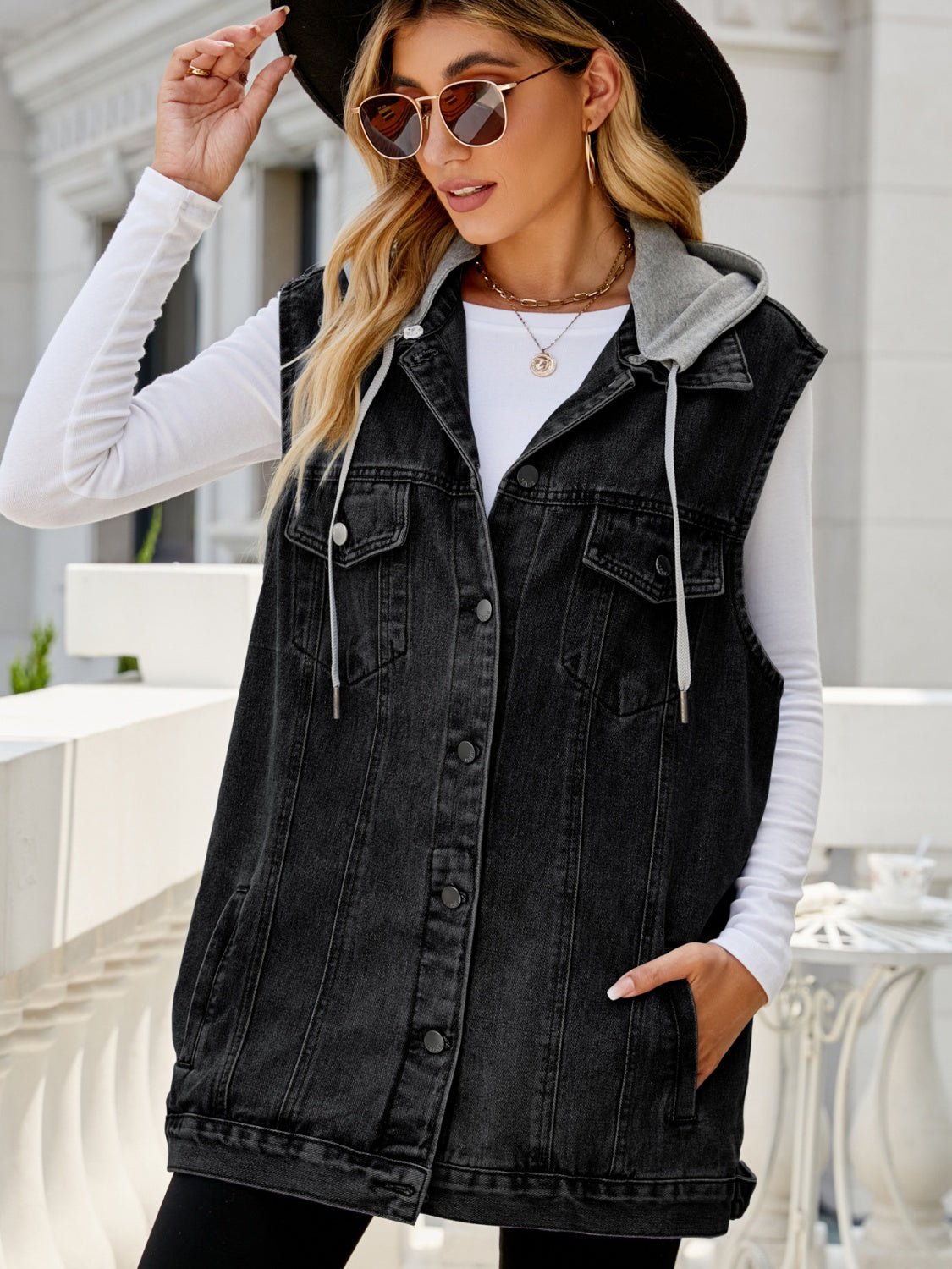 Drawstring Pocketed Button Up Sleeveless Denim Jacket - Jaazi Intl