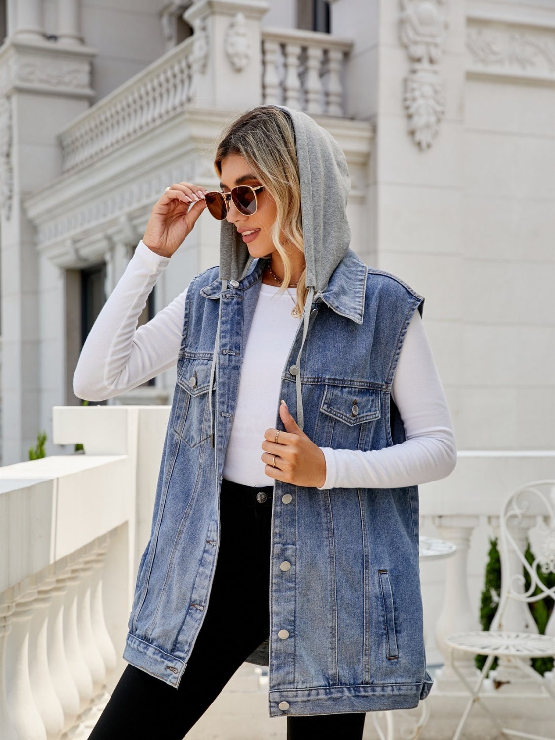 Drawstring Pocketed Button Up Sleeveless Denim Jacket - Jaazi Intl