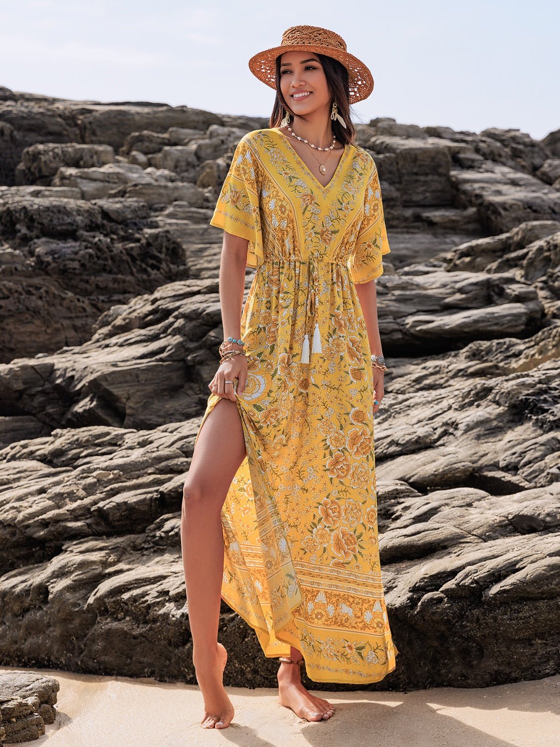 Drawstring Printed Plunge Half Sleeve Dress - Jaazi International