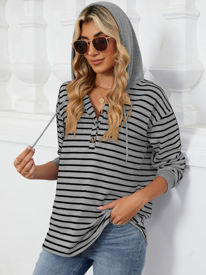 Drawstring Striped Long Sleeve Hoodie - Jaazi International