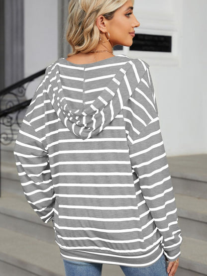 Drawstring Striped Long Sleeve Hoodie - Jaazi International