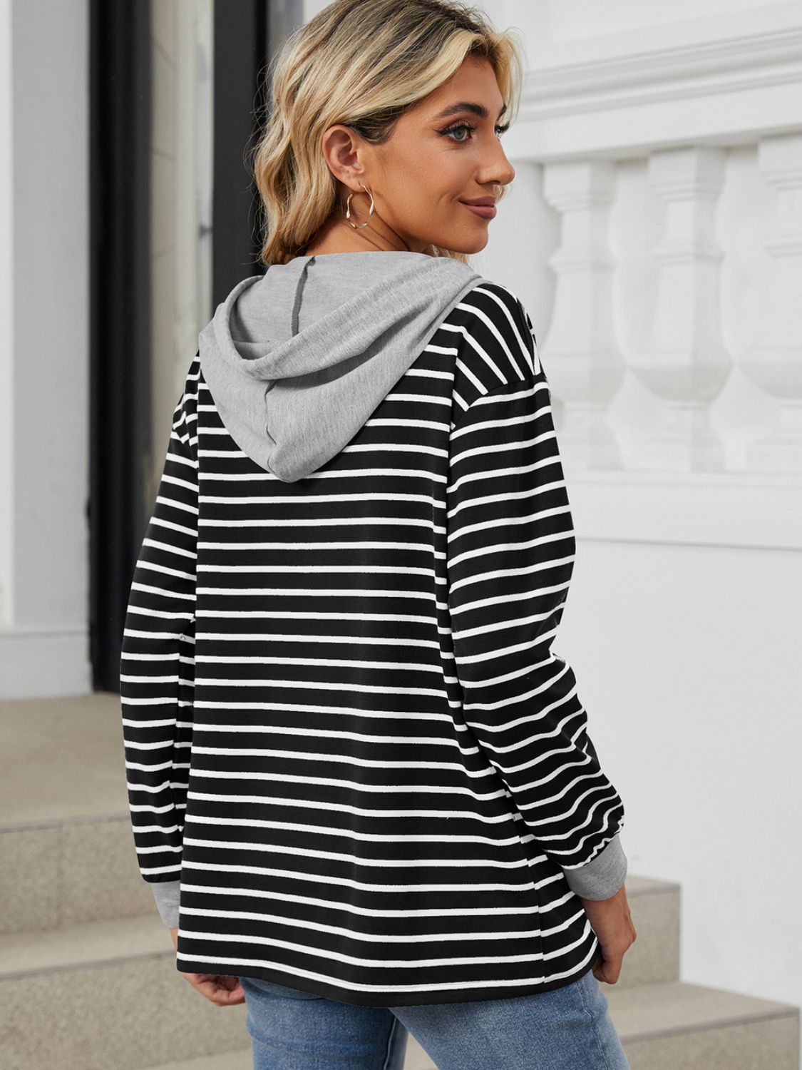 Drawstring Striped Long Sleeve Hoodie - Jaazi International