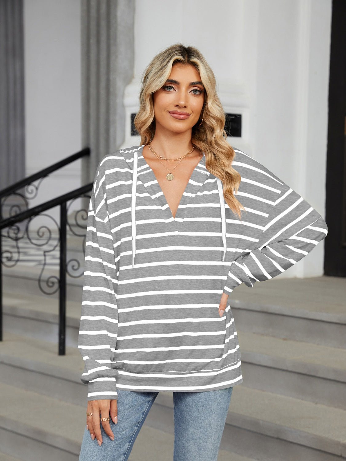 Drawstring Striped Long Sleeve Hoodie - Jaazi International