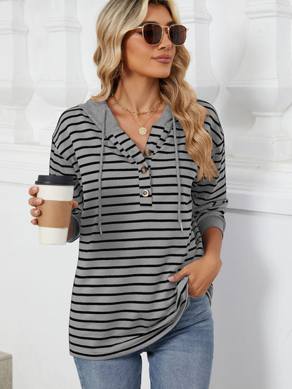 Drawstring Striped Long Sleeve Hoodie - Jaazi International