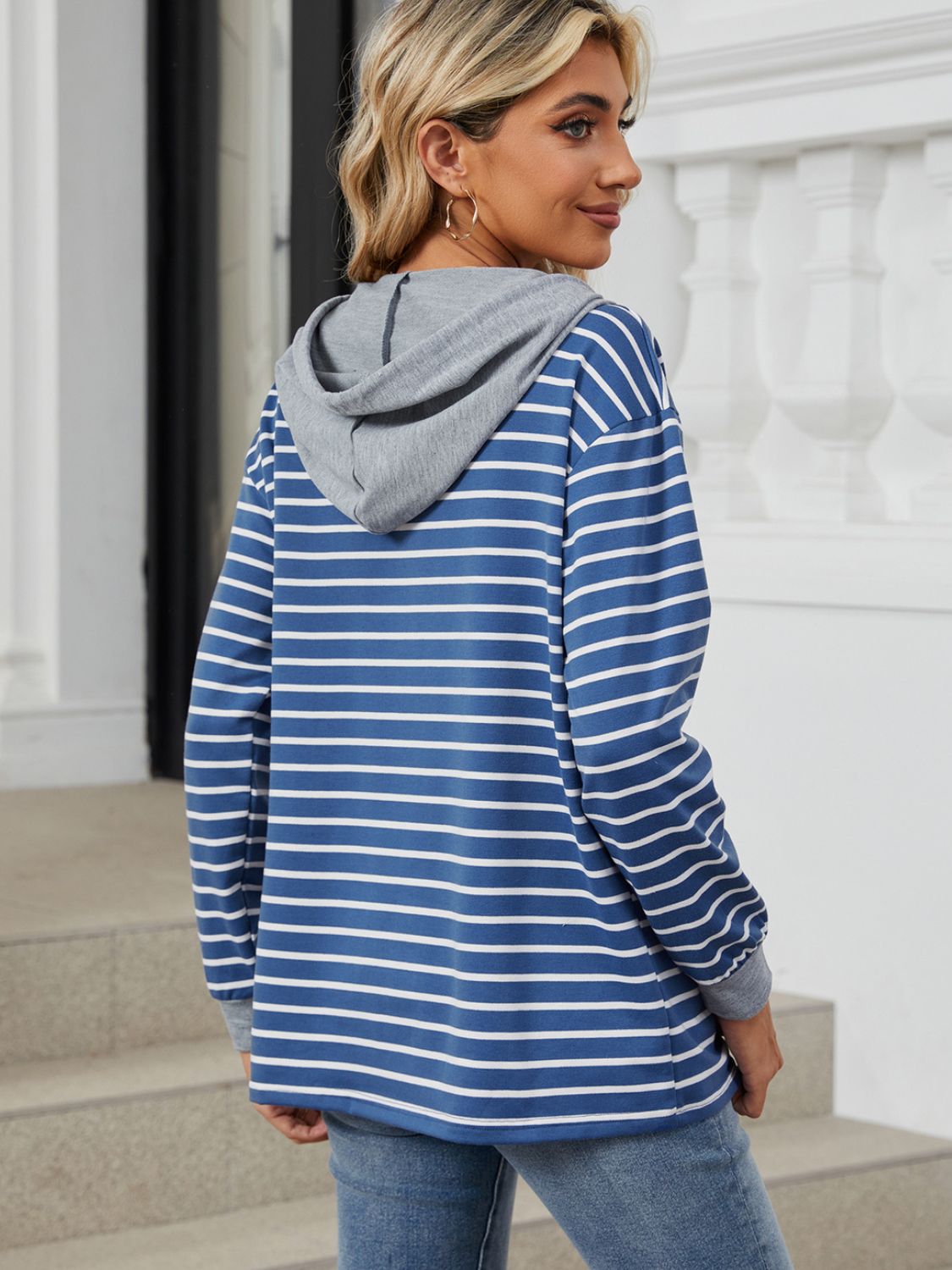 Drawstring Striped Long Sleeve Hoodie - Jaazi International