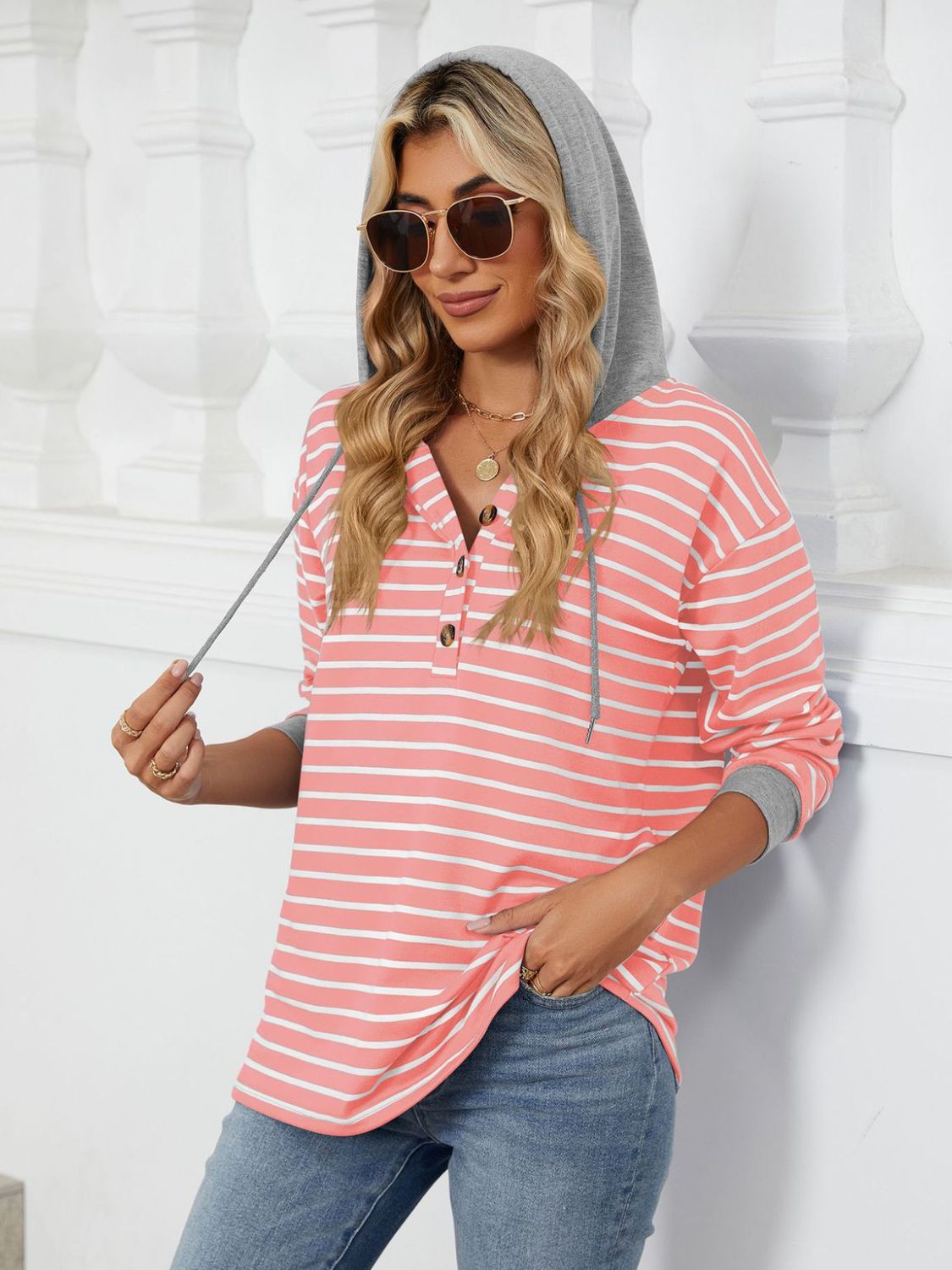 Drawstring Striped Long Sleeve Hoodie - Jaazi International