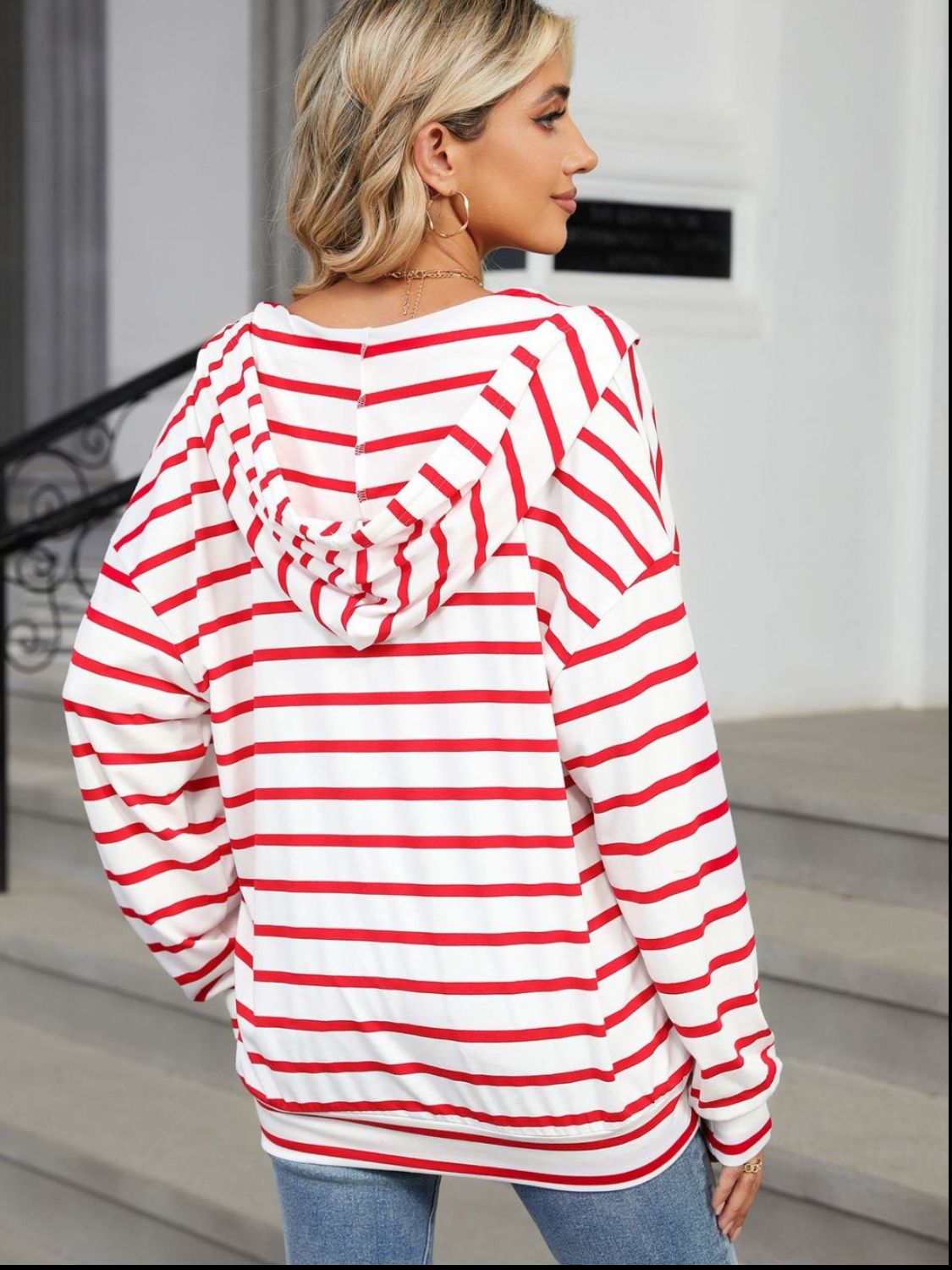 Drawstring Striped Long Sleeve Hoodie - Jaazi International