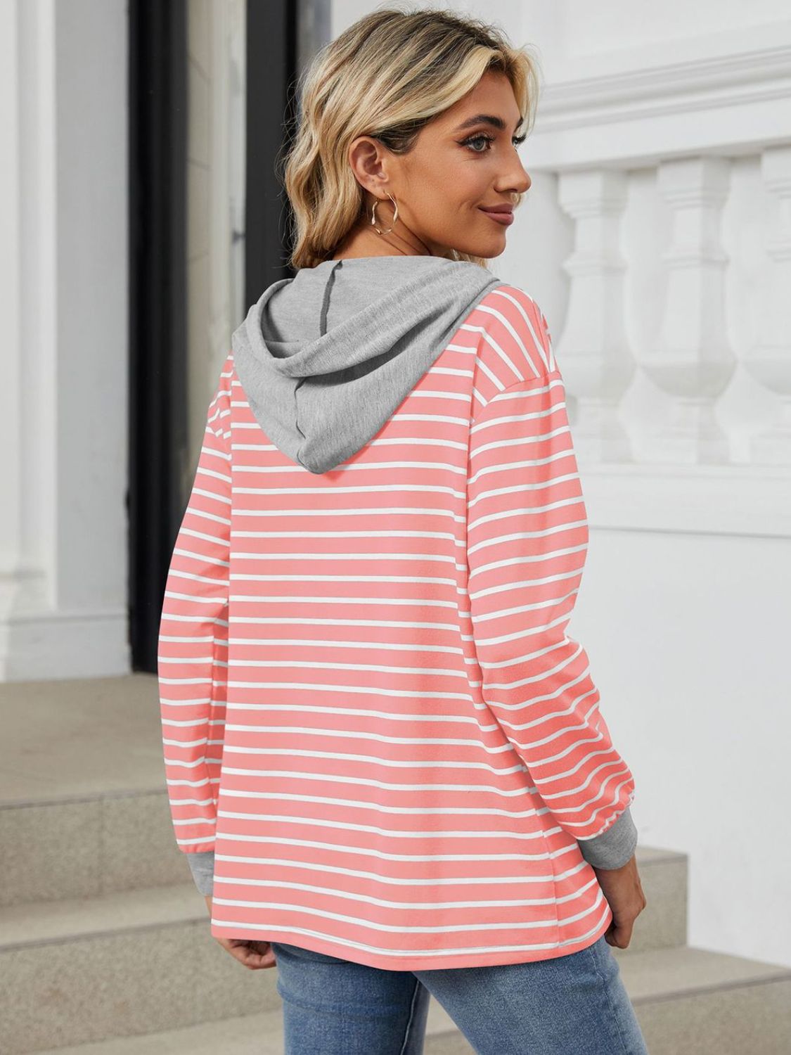 Drawstring Striped Long Sleeve Hoodie - Jaazi International