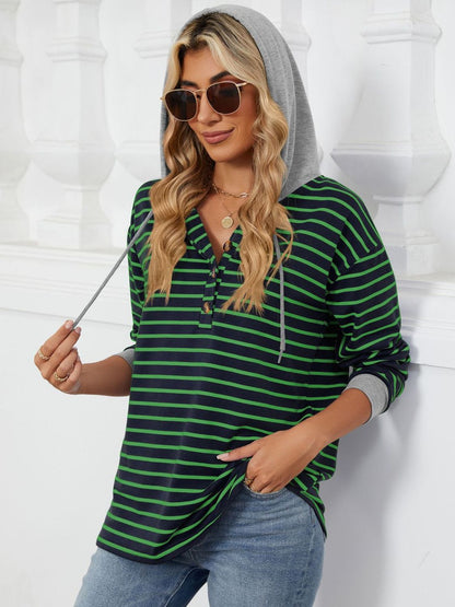 Drawstring Striped Long Sleeve Hoodie - Jaazi International