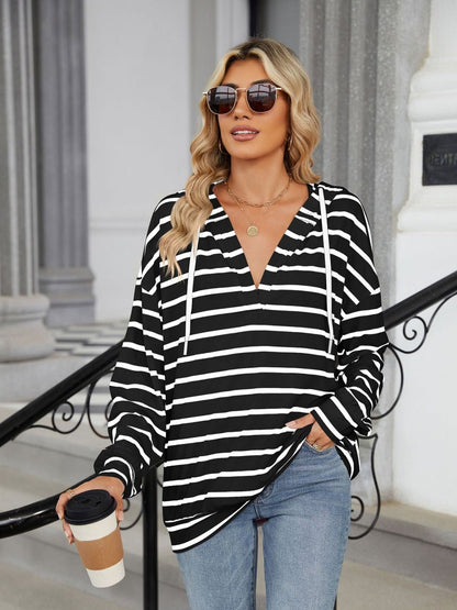 Drawstring Striped Long Sleeve Hoodie - Jaazi International