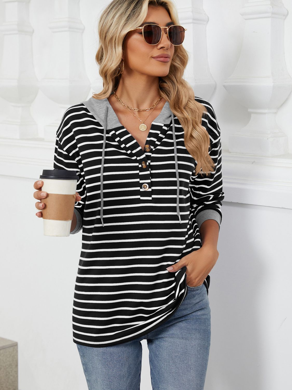 Drawstring Striped Long Sleeve Hoodie - Jaazi International