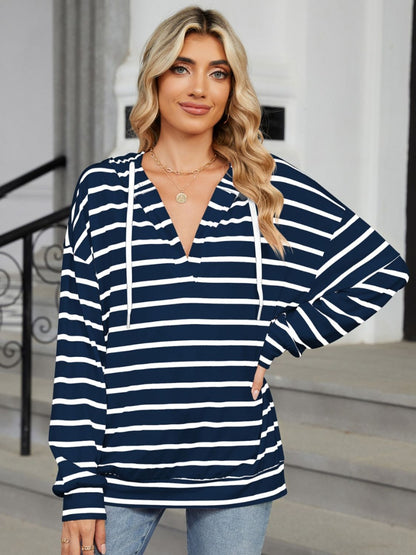 Drawstring Striped Long Sleeve Hoodie - Jaazi International