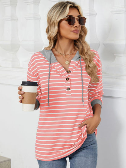 Drawstring Striped Long Sleeve Hoodie - Jaazi International