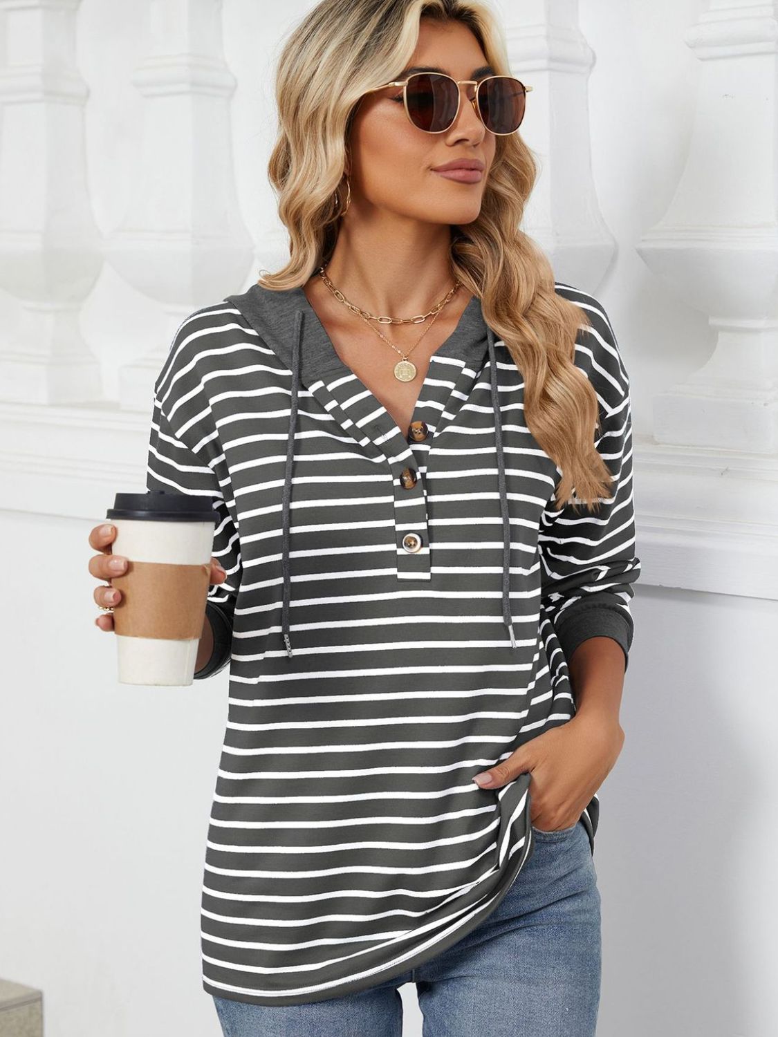 Drawstring Striped Long Sleeve Hoodie - Jaazi International