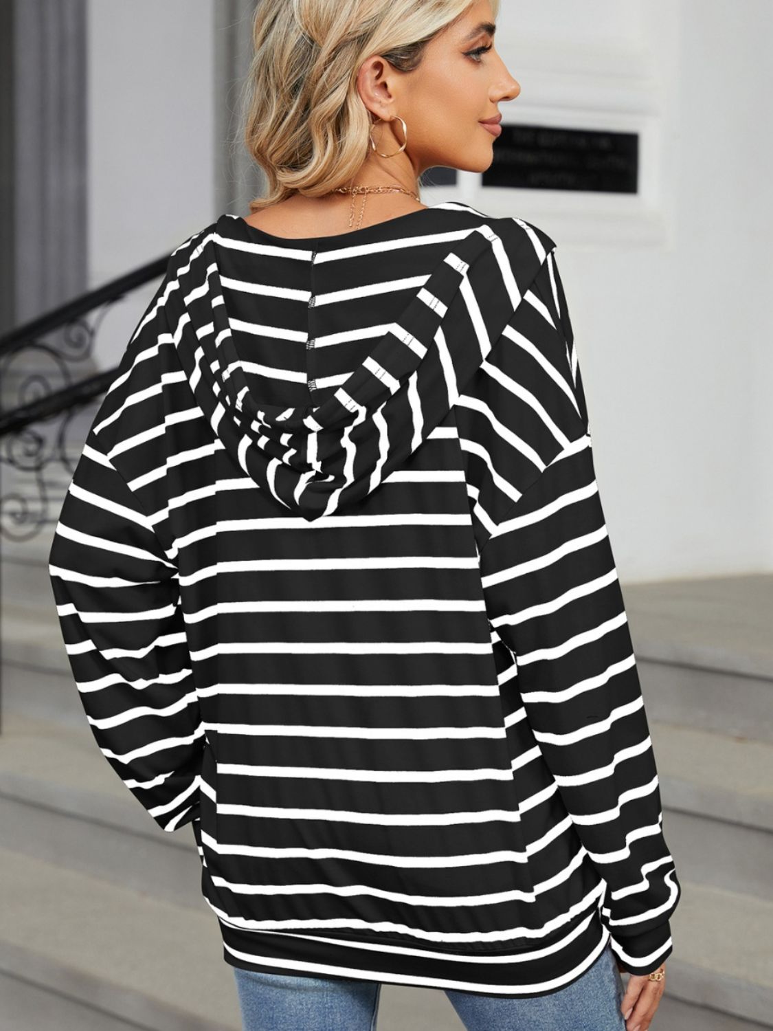 Drawstring Striped Long Sleeve Hoodie - Jaazi International