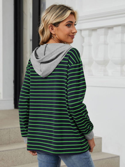 Drawstring Striped Long Sleeve Hoodie - Jaazi International