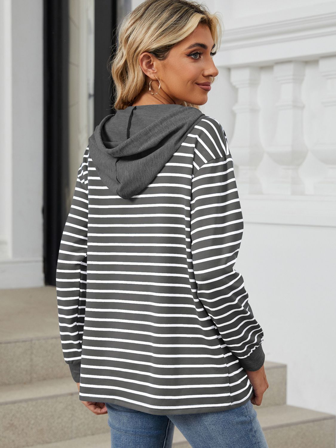 Drawstring Striped Long Sleeve Hoodie - Jaazi International