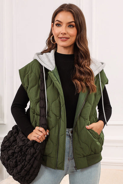 Drawstring Zip Up Hooded Vest Coat - Jaazi Intl