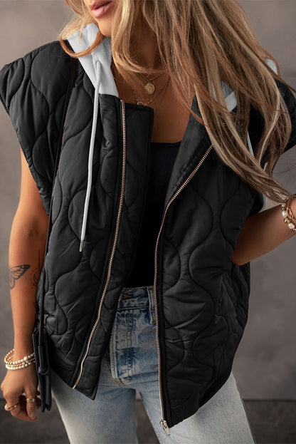 Drawstring Zip Up Hooded Vest Coat - Jaazi Intl