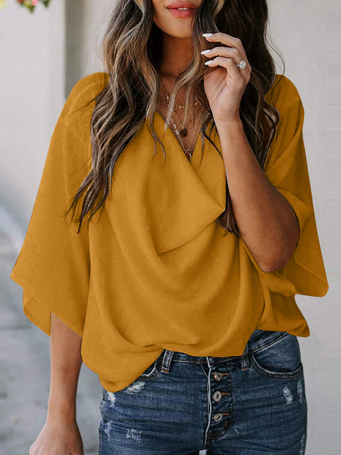 Full Size Cowl Neck Three-Quarter Sleeve Blouse