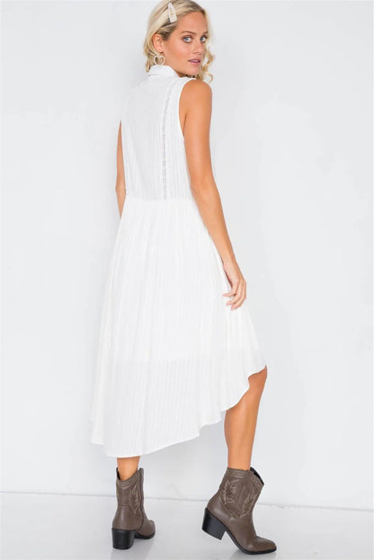 Off-White Sheer Pleated Lace Trim High-Low Full Skirt Midi Dress/2-2-2