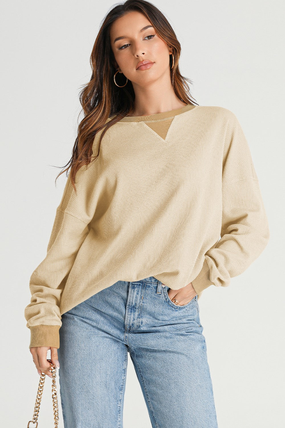 Waffle-Knit Long Sleeve Sweatshirt